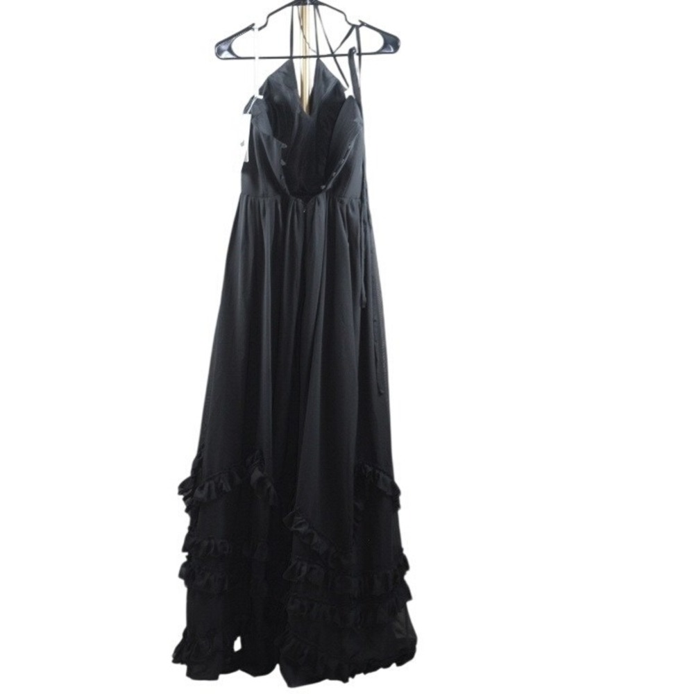 Black Pleated V-Neck Lace Up Back Maxi Dress with Ruffle Hem and Side Slit - Picture 4 of 6